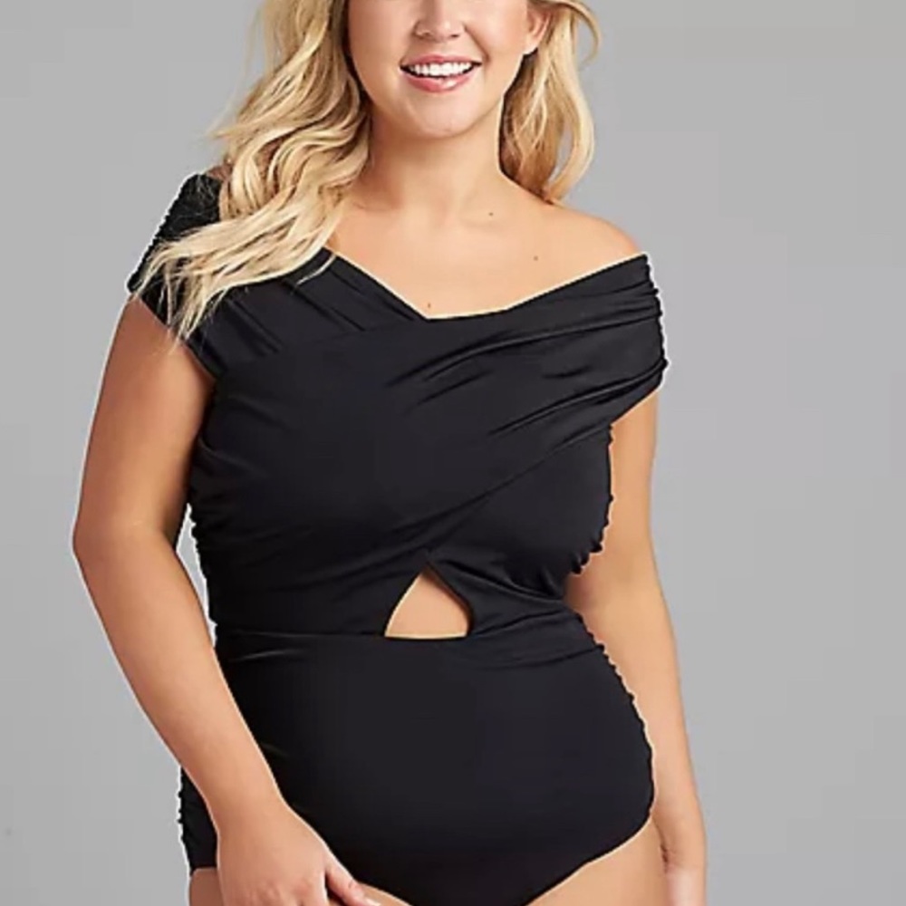 Lane Bryant No-Wire Crossover-Neck Swim One Piece in Black